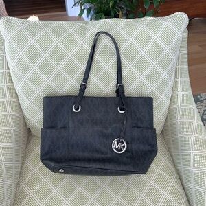Michael Kors Black Textured Tote with Silver MK Charm